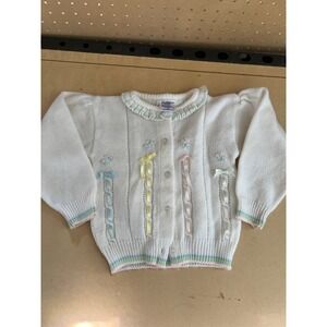 VTG Quiltex Knit Cardigan Sweater Bows Ribbons Embroider Flowers Ruffles Girls 4